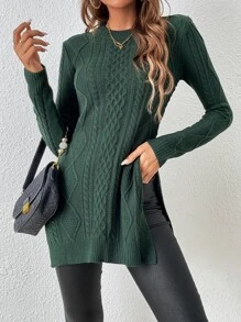 Cable Knit Split Thigh Jumper - Dark Green - View 3