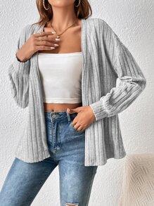 SHEIN Frenchy Drop Shoulder Open Front Ribbed Knit Jacket In Fall/Winter Casual - Light Grey - View 3