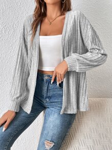 SHEIN Frenchy Drop Shoulder Open Front Ribbed Knit Jacket In Fall/Winter Casual - Light Grey - View 6