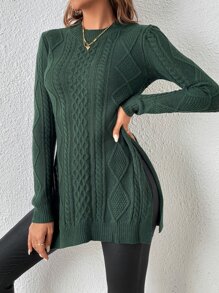 Cable Knit Split Thigh Jumper - Dark Green - View 5