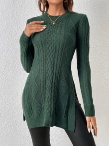 Cable Knit Split Thigh Jumper - Dark Green - View 6