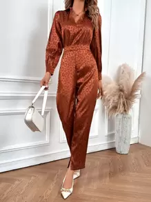 SHEIN LUNE Leopard Jacquard Shirt Jumpsuit - Coffee Brown - View 1