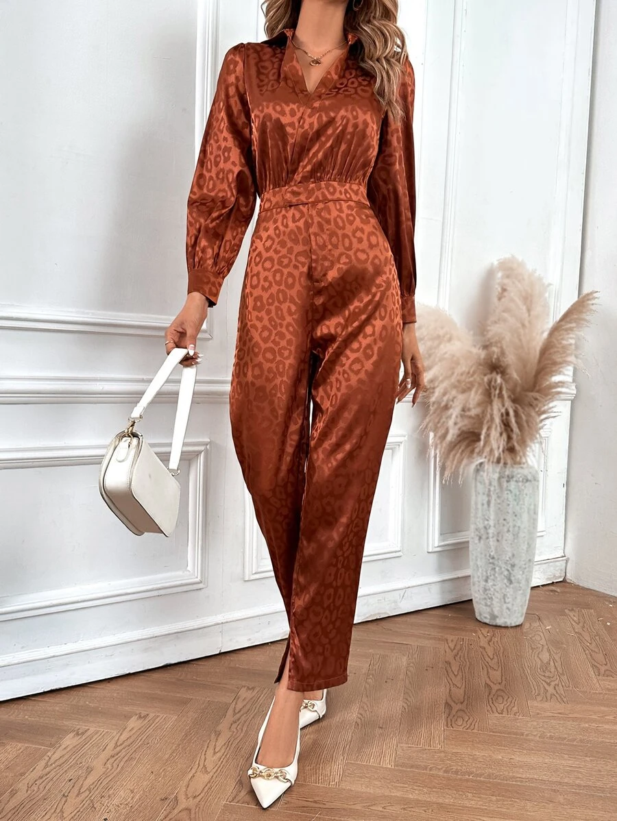 SHEIN LUNE Leopard Jacquard Shirt Jumpsuit - Coffee Brown - View 1