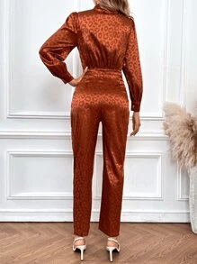 SHEIN LUNE Leopard Jacquard Shirt Jumpsuit - Coffee Brown - View 2