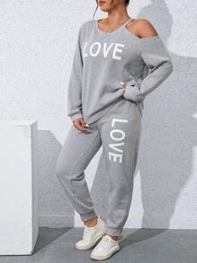 SHEIN LUNE Plus Letter Graphic Asymmetrical Neck Sweatshirt & Joggers - Light Grey - View 1