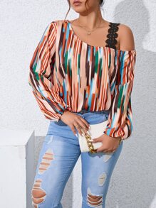 SHEIN Unity Plus Allover Print Guipure Lace Insert Asymmetrical Neck Blouse - Multicolor - View 1