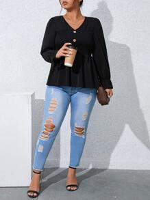 Plus Button Front Ruffle Hem Peplum Blouse - Black - View 3