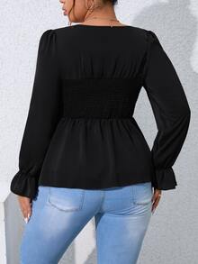 Plus Button Front Ruffle Hem Peplum Blouse - Black - View 2