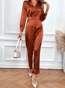 SHEIN LUNE Leopard Jacquard Shirt Jumpsuit - Coffee Brown - View 3