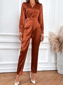 SHEIN LUNE Leopard Jacquard Shirt Jumpsuit - Coffee Brown - View 4