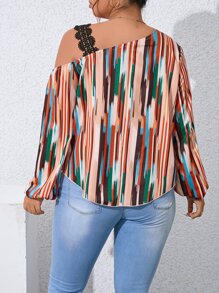 SHEIN Unity Plus Allover Print Guipure Lace Insert Asymmetrical Neck Blouse - Multicolor - View 2