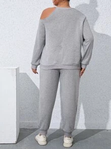 SHEIN LUNE Plus Letter Graphic Asymmetrical Neck Sweatshirt & Joggers - Light Grey - View 2