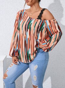 SHEIN Unity Plus Allover Print Guipure Lace Insert Asymmetrical Neck Blouse - Multicolor - View 3