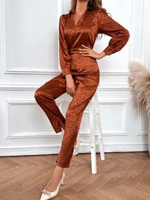 SHEIN LUNE Leopard Jacquard Shirt Jumpsuit - Coffee Brown - View 5