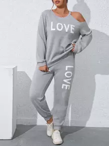 SHEIN LUNE Plus Letter Graphic Asymmetrical Neck Sweatshirt & Joggers - Light Grey - View 3