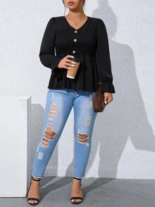 Plus Button Front Ruffle Hem Peplum Blouse - Black - View 6