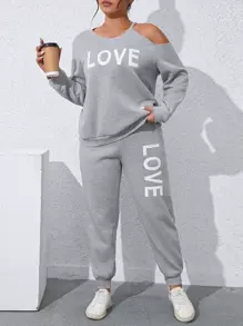 SHEIN LUNE Plus Letter Graphic Asymmetrical Neck Sweatshirt & Joggers - Light Grey - View 4