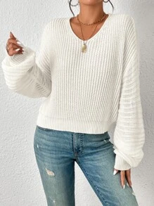 SHEIN Essnce V Neck Drop Shoulder Jumper - White - View 3