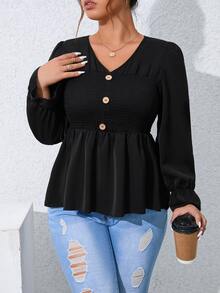 Plus Button Front Ruffle Hem Peplum Blouse - Black - View 7
