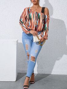 SHEIN Unity Plus Allover Print Guipure Lace Insert Asymmetrical Neck Blouse - Multicolor - View 6