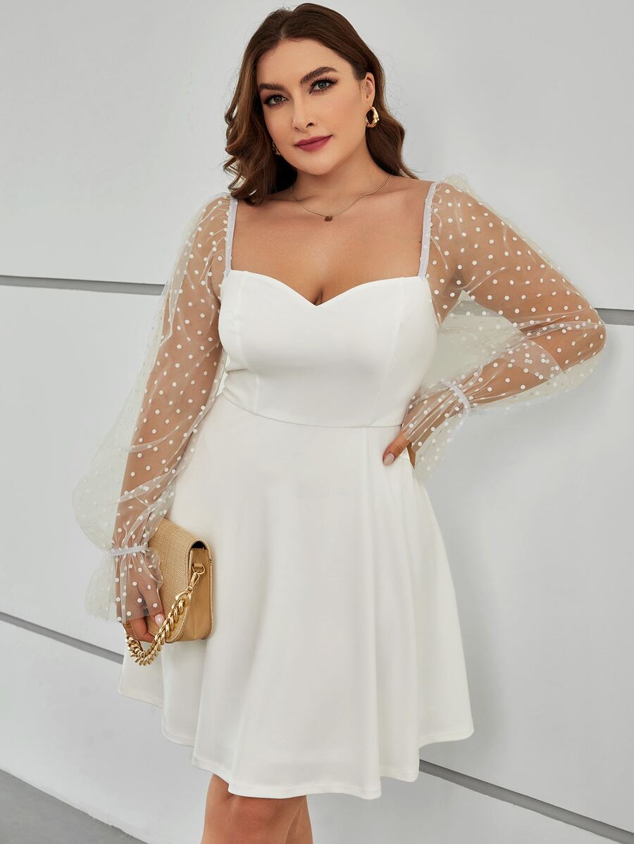 SHEIN Privé Plus Contrast Dobby Mesh Flounce Sleeve Dress - White - View 1