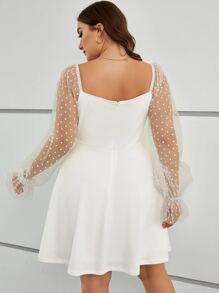 SHEIN Privé Plus Contrast Dobby Mesh Flounce Sleeve Dress - White - View 2