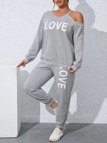SHEIN LUNE Plus Letter Graphic Asymmetrical Neck Sweatshirt & Joggers - Light Grey - View 6