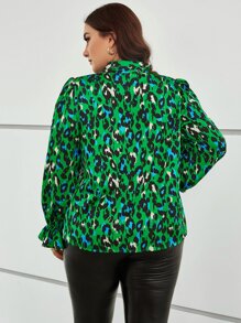 SHEIN Clasi 大碼豹紋印花繫帶領荷葉袖襯衫 - 彩色 - 查看 2