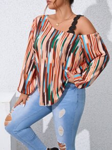 SHEIN Unity Plus Allover Print Guipure Lace Insert Asymmetrical Neck Blouse - Multicolor - View 7