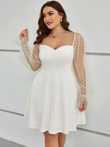 SHEIN Privé Plus Contrast Dobby Mesh Flounce Sleeve Dress - White - View 3