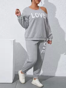 SHEIN LUNE Plus Letter Graphic Asymmetrical Neck Sweatshirt & Joggers - Light Grey - View 7