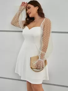 SHEIN Privé Plus Contrast Dobby Mesh Flounce Sleeve Dress - White - View 4