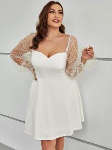 SHEIN Privé Plus Contrast Dobby Mesh Flounce Sleeve Dress - White - View 5