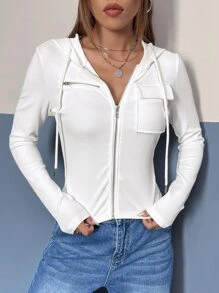 SHEIN EZwear Felpa con cappuccio e tasche a patta con laccetti, adatta per l'autunno/inverno - Bianco - Visualizzare 5