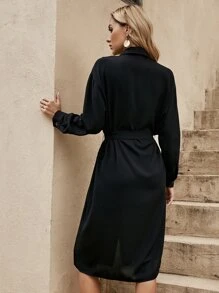 SHEIN LUNE Flap Pocket Drop Shoulder Belted Shirt Dress,Casual - Black - View 2