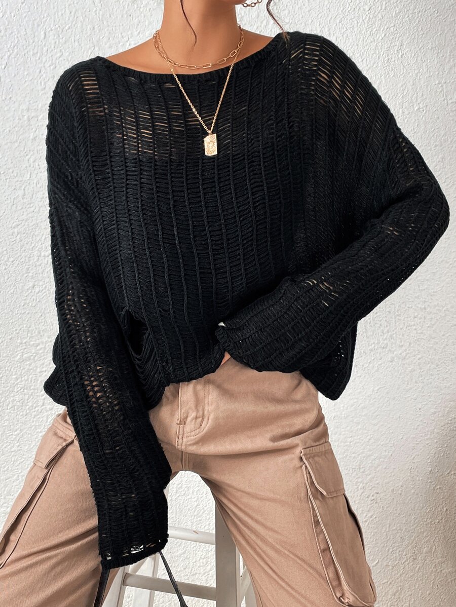 SHEIN EZwear Drop Shoulder Ripped Jumper - Black - View 1