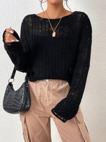 SHEIN EZwear Drop Shoulder Ripped Jumper - Black - View 3