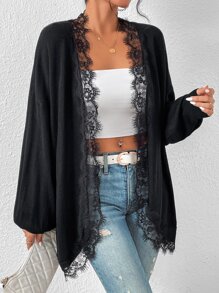 SHEIN Privé Cárdigan de plumero con encaje en contraste de manga murciélago - Negro - Ver 3