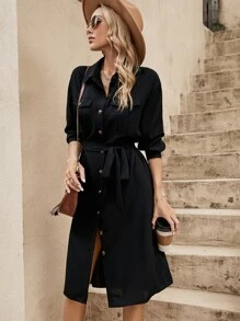 SHEIN LUNE Flap Pocket Drop Shoulder Belted Shirt Dress,Casual - Black - View 5