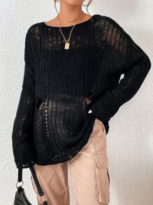 SHEIN EZwear Drop Shoulder Ripped Jumper - Black - View 5