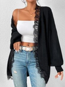 SHEIN Privé Cárdigan de plumero con encaje en contraste de manga murciélago - Negro - Ver 4