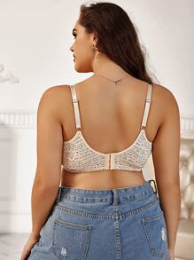 Plus Size Letter Graphic Contrast Lace Trim Bra Wireless Full Cup - Beige - View 2