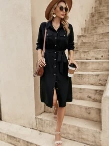 SHEIN LUNE Flap Pocket Drop Shoulder Belted Shirt Dress,Casual - Black - View 6