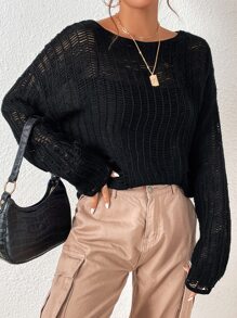 SHEIN EZwear Drop Shoulder Ripped Jumper - Black - View 6