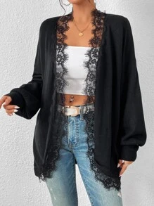 SHEIN Privé Cárdigan de plumero con encaje en contraste de manga murciélago - Negro - Ver 6