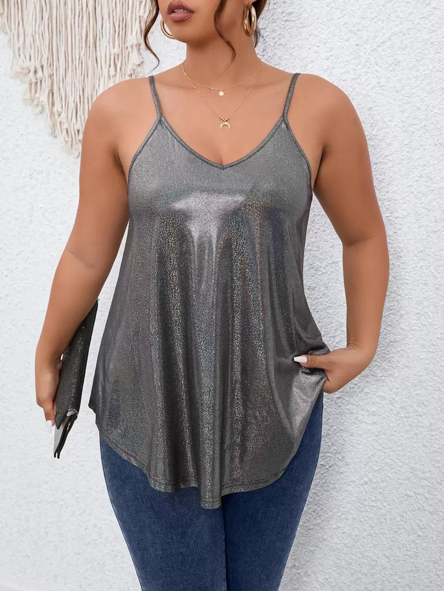 SHEIN LUNE Plus Holographic Metallic Cami Top - Silver - View 1