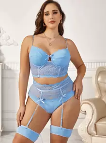 Classic Sexy Plus 4pack Floral Lace Chain Detail Bow Garter Underwire Lingerie Set - Baby Blue - View 4