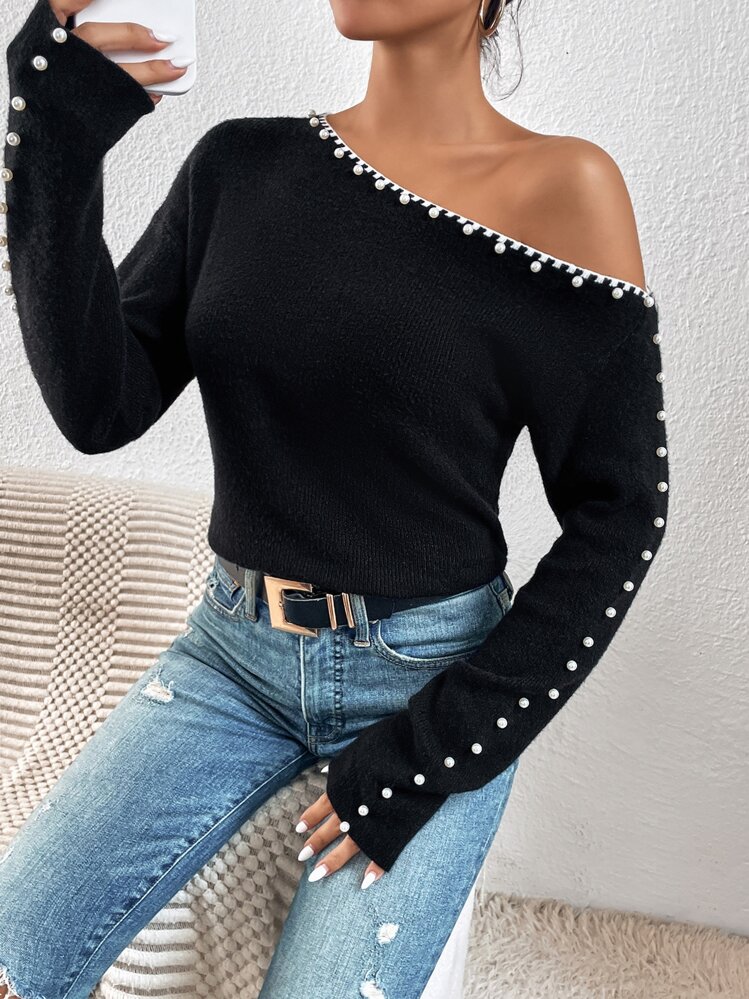 SHEIN Privé Pearls Beaded Asymmetrical Neck Jumper - Black - View 3