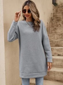 SHEIN Frenchy Solid Drop Shoulder Sweatshirt Dress - Grey - View 6