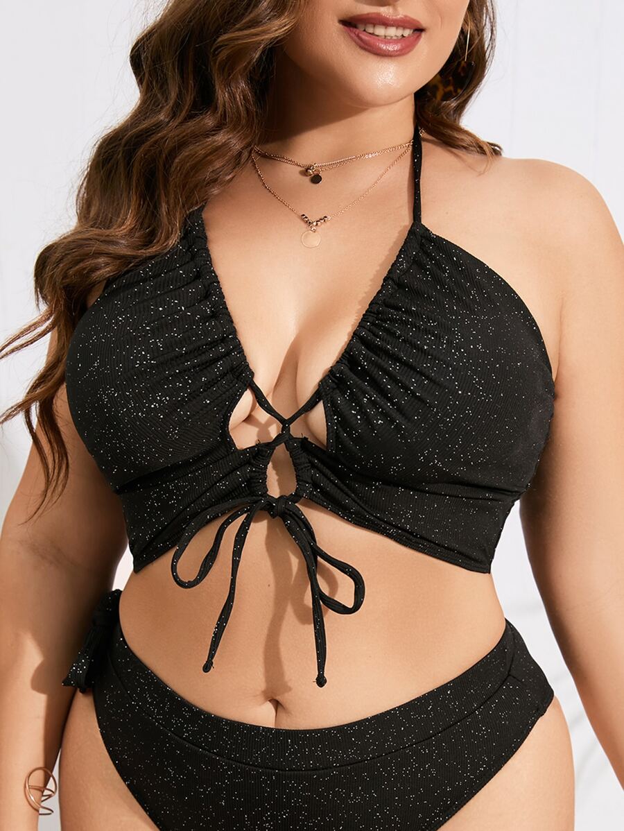 Celure Plus Sparkly Glitter Lace Up Front Halter Bikini Top For Summer Beach Vacation - Black - View 1